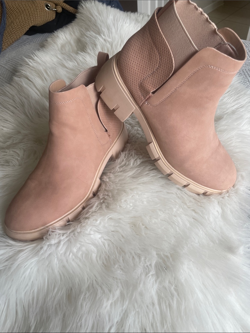 Pink suede boots w lug sole